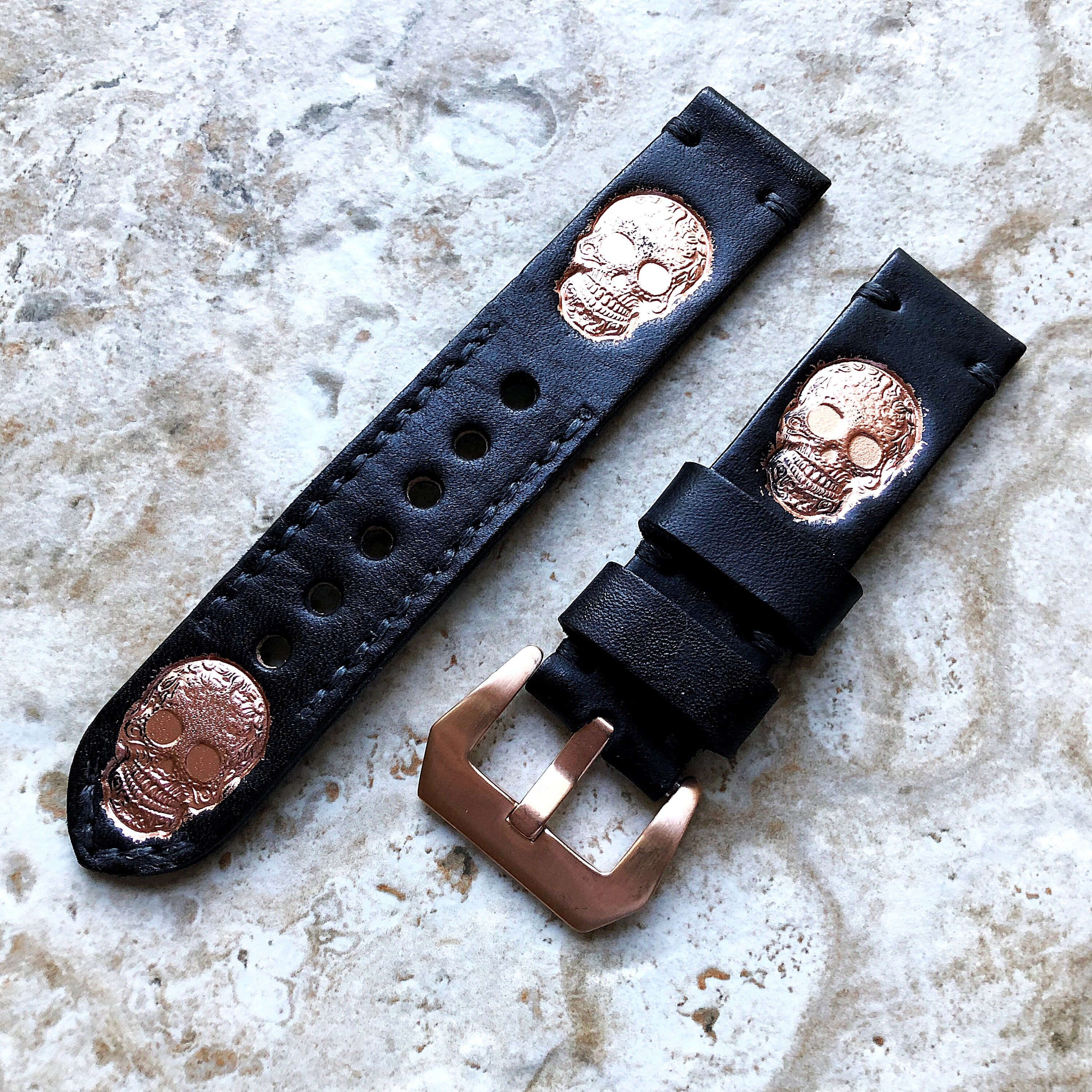 Fancy Skull Band 22mm 24mm 25mm Compatible with Apple Watch Fitbit Versa 2 3 4 Sense 2 Ionic Accented Embossed Real Leather Handmade Strap